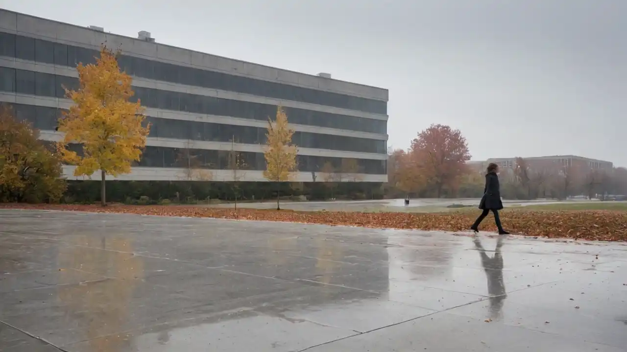 Herbstlicher Nebel über grauer Stadtlandschaft